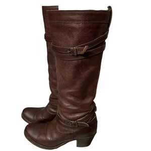 Frye Jane Strappy Dark Brown Knee High Heeled Boots Size 6.5